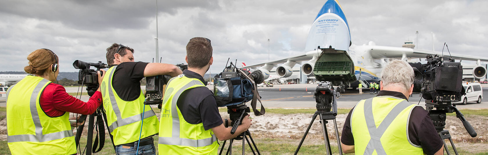 Media capturing the world's largest plane at Perth Airport in May 2016