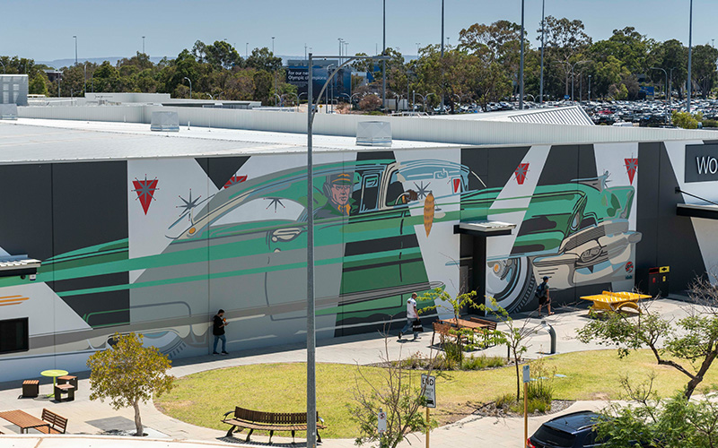View of 55-metre-long mural at Dunreath Village shopping centre, Perth Airport